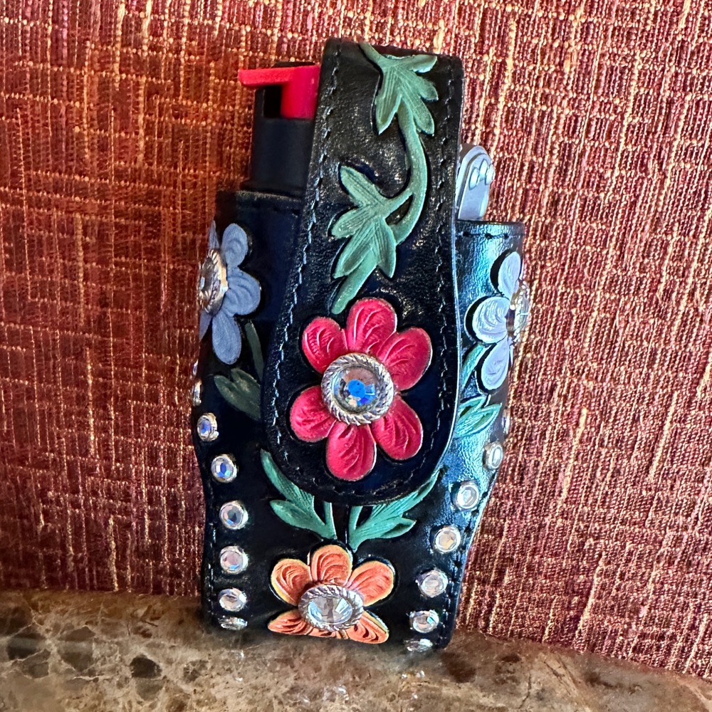 Vintage tooled leather belt holster floral inlay crystal embellished
